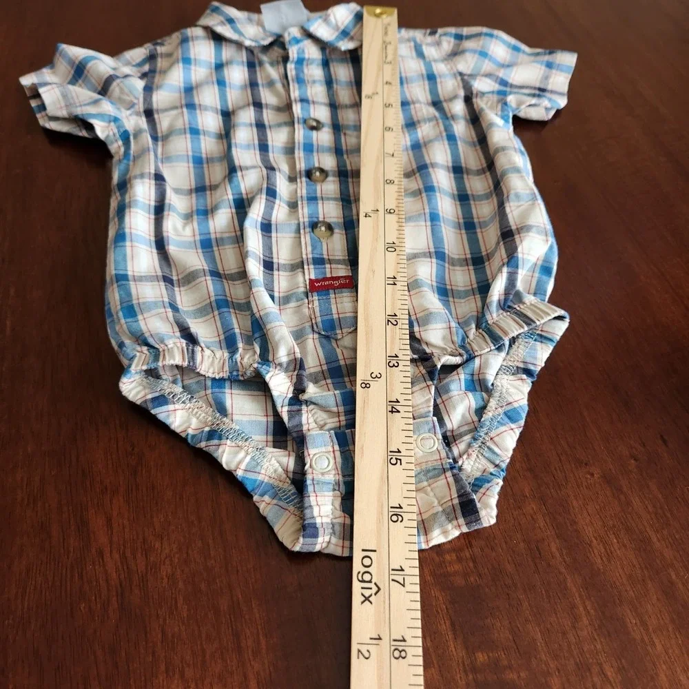 Wrangler Baby Plaid Western Shirt Bodysuit Romper 18 Month Blue Tan Short Sleeve